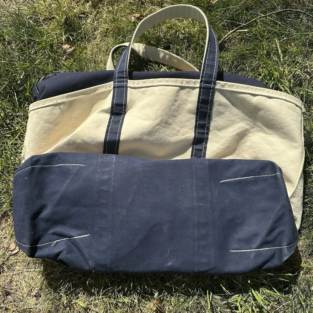 Vtg LL Bean Boat & Tote Zip Top‎ Blue Natural Canvas Bag Freeport Maine X-Large